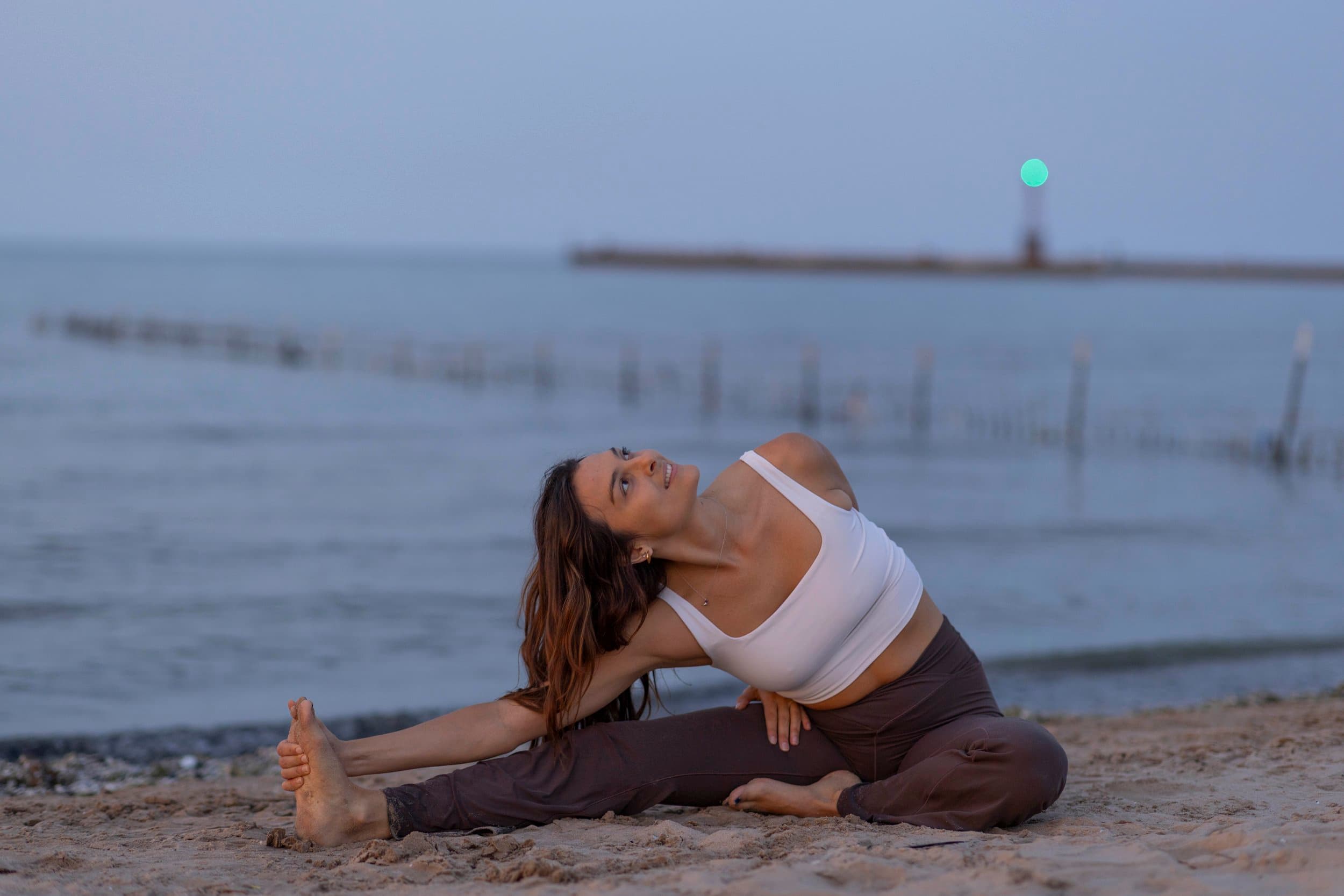 Ali stretching at the lakeshore